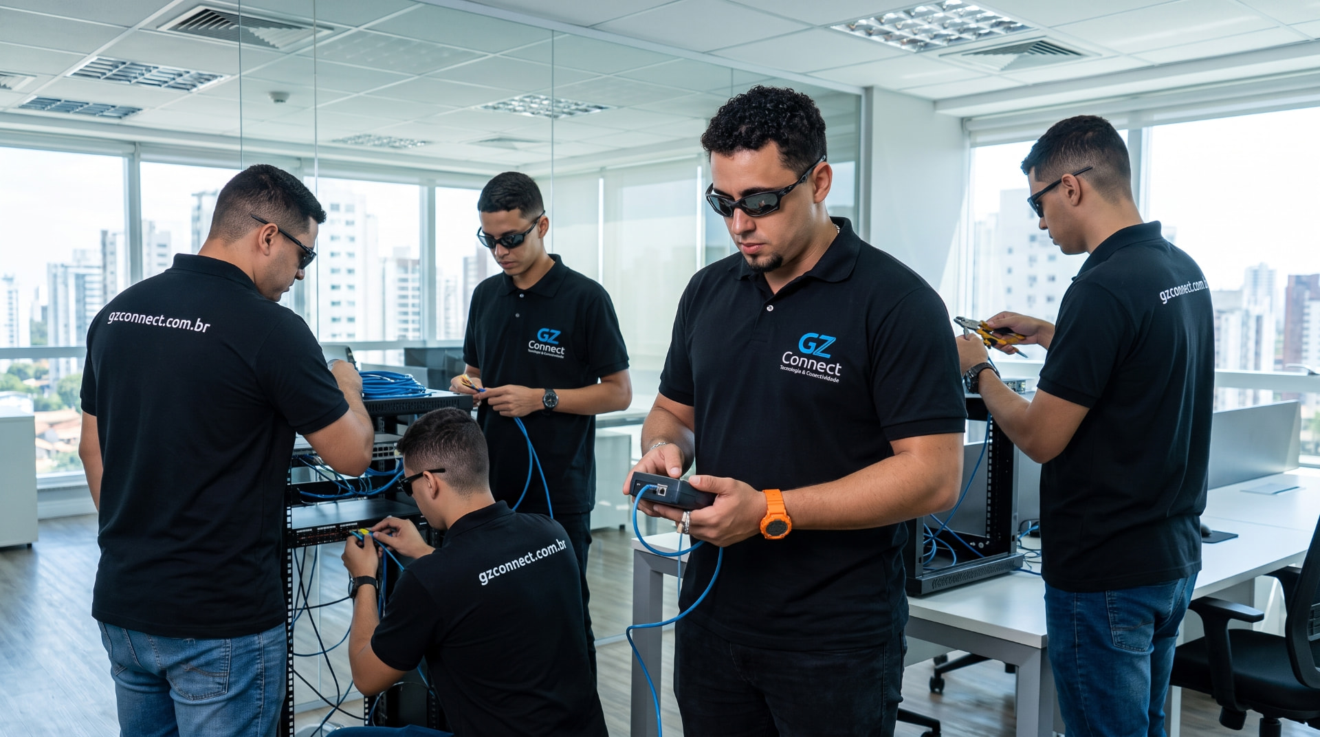 Equipe GZ Connect testando rede corporativa em escritório