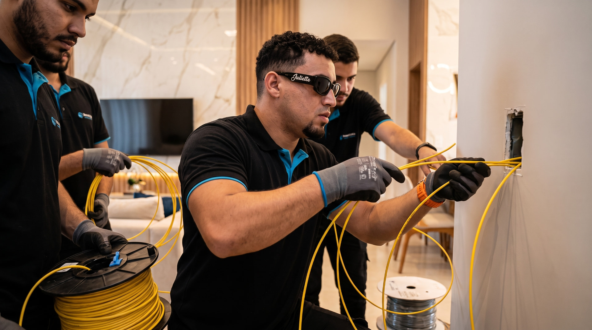 Técnicos passando cabos de fibra óptica em residência